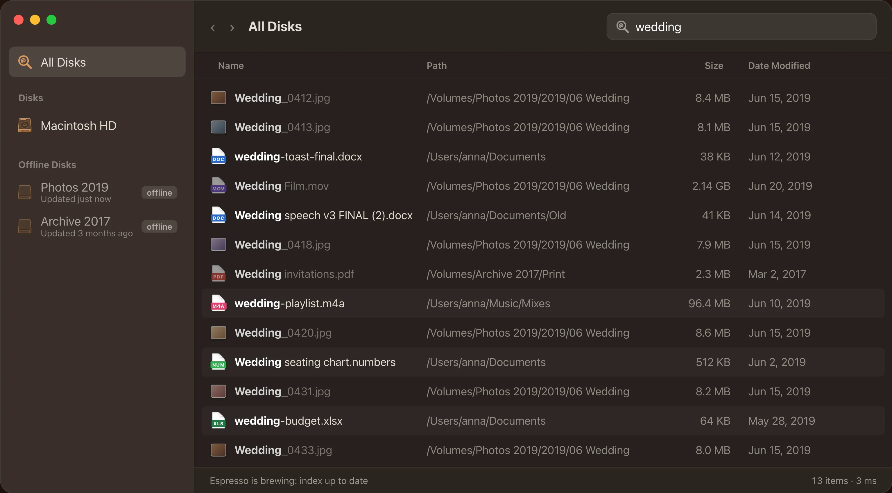 Espresso’s main window searching “wedding”: results from the Mac and from Photos 2019 and Archive 2017, two disks listed under Offline Disks.